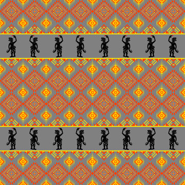 Seamless vector pattern featuring Southern Thai Nang Talung shadow puppet silhouettes and traditional Nora geometric folk art motifs on a grey background.