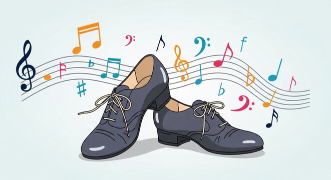 Gray tap shoes with colorful musical notes and symbols floating behind
