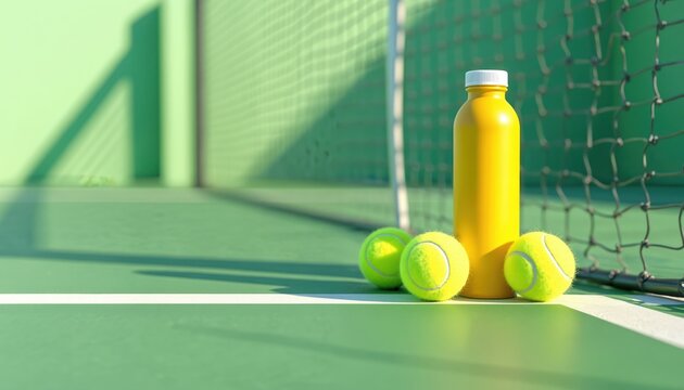 Yellow sports drink bottle and tennis balls rest on green court surface near net post. Refreshment and gear for active game, athletic training, and outdoor sports competition.