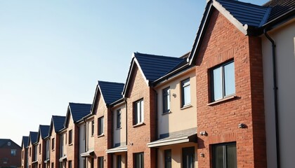 Row of new brick houses with render facades under clear blue sky. Modern terraced homes are lined up on suburban street. Daytime view of residential architecture.
