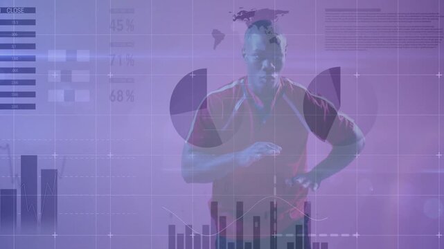 Male athlete cradling ball, launching pass in pink studio animated sports charts overlaying scene