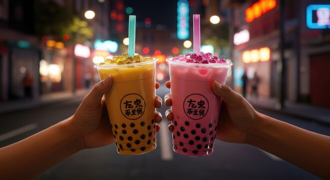 Holding bubble tea drinks in street scene bright colors and refreshing beverage