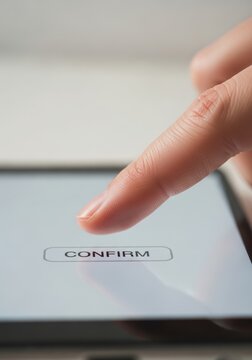 Close-up conceptual image of a finger hovering over a generic &ldquo;Confirm&rdquo; button on a screen, symbolizing digital trust anxiety, online security concern, and hesitation in the age of AI and scams