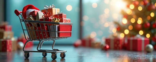 Fototapeta premium Miniature shopping cart overflows with wrapped gift boxes and a Santa hat. Blurred background shows festive Christmas tree lights and presents, suggesting holiday shopping.