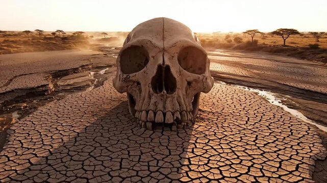 Dramatic skull in arid desert landscape with cracked dry earth