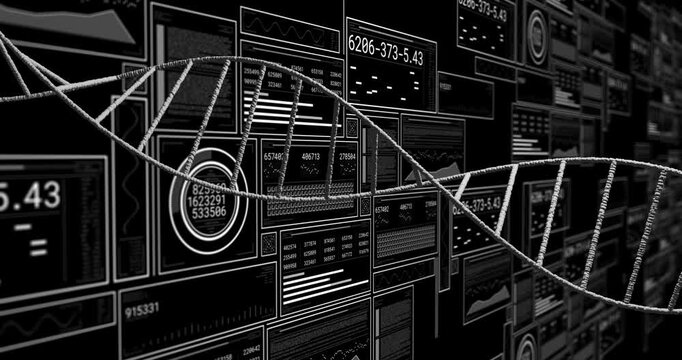 White double helix entering from left, undulating and crossing data wall, visualizing data