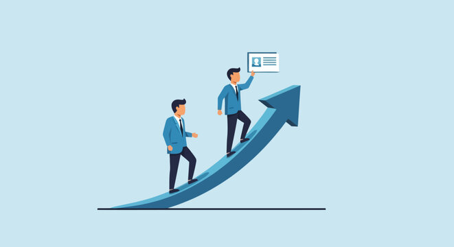 Ambitious business professionals climbing a graphic upward arrow, illustrating the concept of career development, achieving success, and continuous personal and professional growth