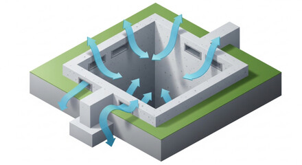 3d isometric illustration of a square drainage system with arrows indicating water flow on green grass background
