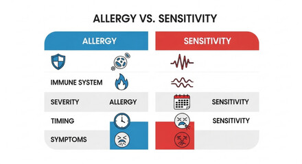 Allergy vs sensitivity comparison chart with symptoms and immune system icons