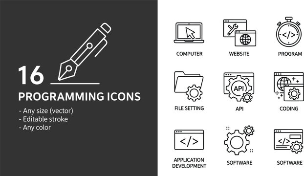 Vector line icons for professional programming software development API integration website coding application management and computer engineering