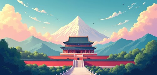 Fototapeta premium Ancient Chinese palace complex sits majestically beneath snow-capped mountains, surrounded by rich green trees, vibrant red walls. Colorful clouds fill serene blue sky above tranquil, picturesque