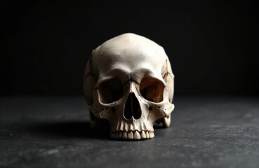 Fototapeta premium Human skull rests on dark textured surface. Bone head features empty eye sockets, nasal cavity, and teeth. Isolated subject implies mortality or anatomy study.