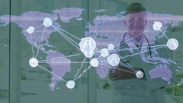 Doctor tapping transparent map, activating purple nodes linking global healthcare for coordination