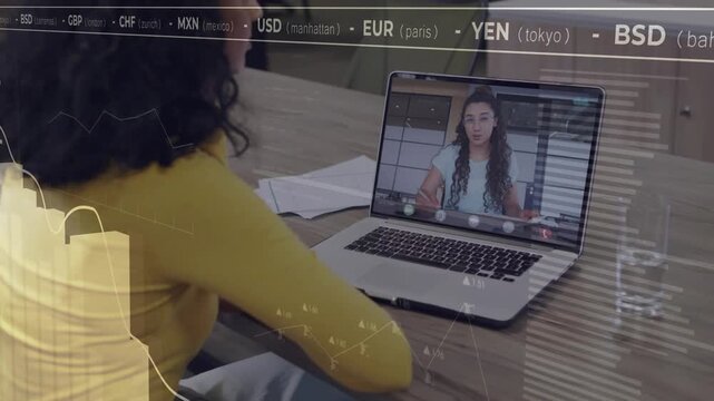 Woman listening as screen speaker gesturing to explain, finance charts and ticker overlaying laptop