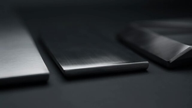 Metallic rectangles arranged on a dark surface, viewed from a low angle, showcasing reflective surfaces and subtle shadows.