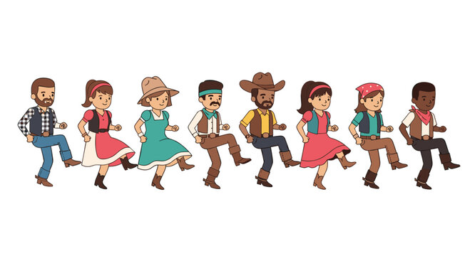 A group of eight diverse people in western cowboy and cowgirl outfits performing a synchronized line dance in a horizontal row together.