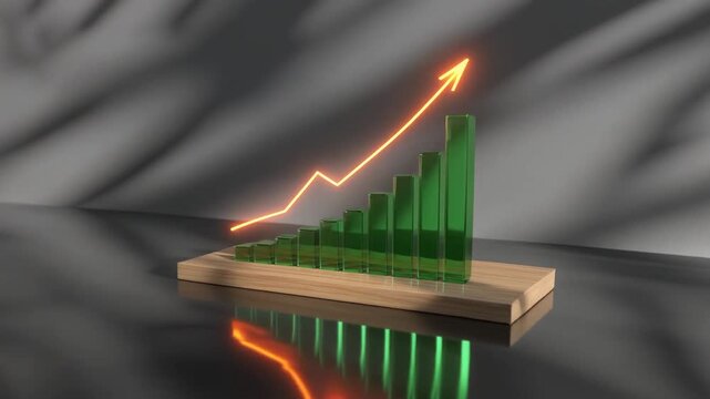 3D bar graph with ascending green bars and orange arrow line, symbolizing continuous growth and upward financial trend.