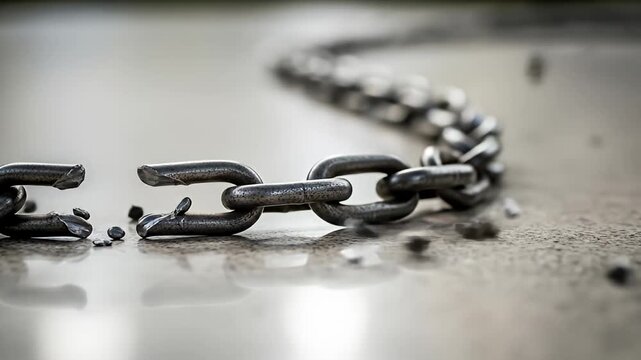 A broken metal chain with fractured links lays on a flat, reflective surface