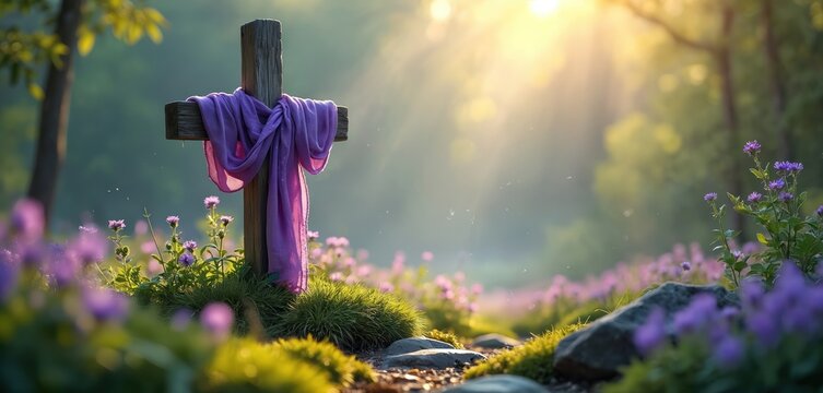 Wooden cross draped in purple fabric stands in a meadow with blooming purple flowers. Soft morning sunlight shines through trees creating a peaceful and serene atmosphere for reflection and devotion.