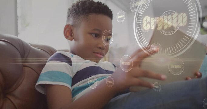 Boy tapping tablet on couch, exploring crypto app while HUD dials and graphs expanding around hands