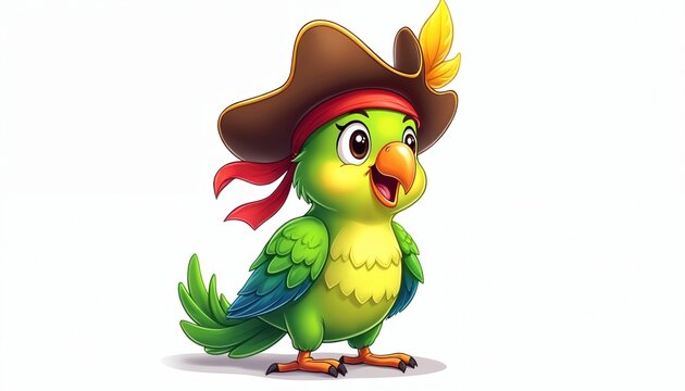 Cute cartoon parrot wearing pirate hat and red bandana. This smiling green bird has yellow feather accent and orange beak. Character illustration on white background.