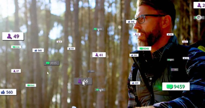 Mature hiker holding paper map in forest as AR social badges appearing, looking and assessing route