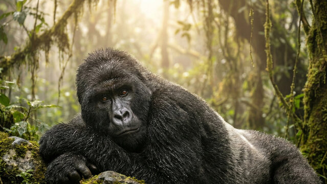 Wild silverback gorilla resting on a rock in a lush green tropical rainforest