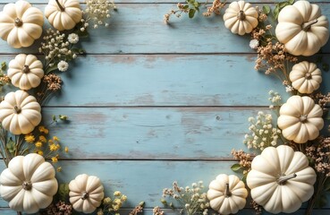 Cream pumpkins and dried wildflowers frame weathered light blue wood planks. Autumnal arrangement offers natural rustic charm and seasonal decorative space for copyspace.