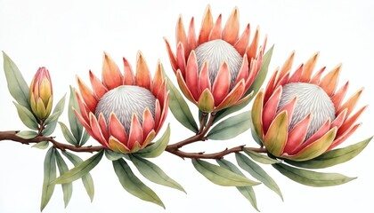 Fototapeta premium Watercolor painting of three large king protea flowers with green leaves on branch. Small bud visible on left side of illustration. Artwork features soft, artistic style with vibrant colors,