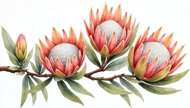 Watercolor painting of three large king protea flowers with green leaves on branch. Small bud visible on left side of illustration. Artwork features soft, artistic style with vibrant colors,