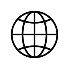 Outline icon of a globe with a clear grid of meridians and parallels on a white background. Minimalist vector illustration symbolizing globality, cartography, and connection.