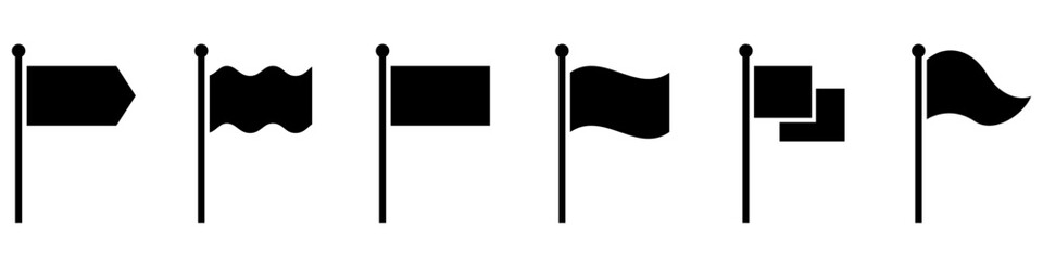 A set of black flag icons of various shapes on flagpoles, including rectangular, wavy, and complex geometric versions. Minimalist vector elements for marking map points or important events.
