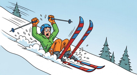 Man falling down ski slope with skis and poles in hand wearing green jacket and blue helmet on snowy mountain with trees