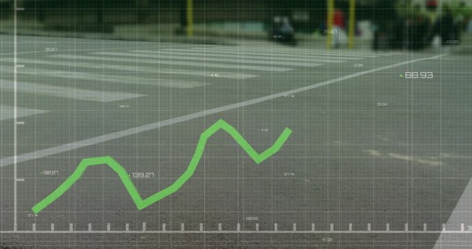 Grid overlay appearing, pedestrians' feet crossing while green waveform tracking foot traffic flow
