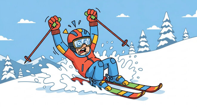 Man in orange ski suit falling on snowy slope with colorful skis and poles