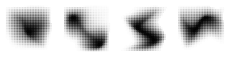 A set of abstract halftone graphic elements with irregular distorted shapes and varying dot densities. Vector illustration for creating dynamic shadows, artistic spots, and retro effects