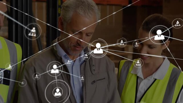 Three staff reviewing clipboard as user icon appearing and network overlay expanding for inventory