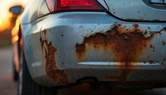 Close up of corroded car rear bumper showing holes and decay. Aged vehicle exterior with significant rust damage and peeling paint. Worn metal surface.