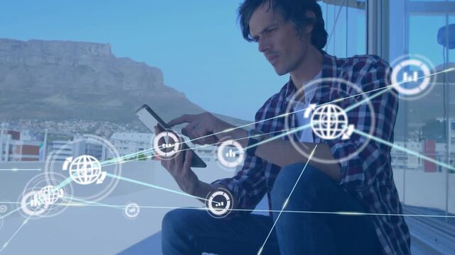 Man on rooftop tapping tablet sparking network nodes growing over face and torso mapping tech links