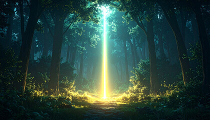 Naklejka premium 霧に包まれた森の中心へ一直線に伸びる蛍光の光の柱（3DCG）