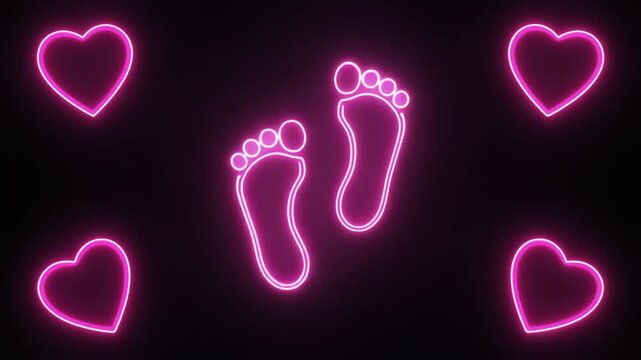 Neon-style glowing pink footprints surrounded by four pink hearts on dark background, symbolizing love, care, and baby themes.