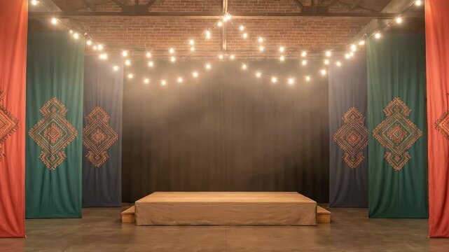 shadi stage decoration - A beautifully arranged stage with colorful drapes and a subtle fog effect, illuminated by warm, hanging string lights, creating an inviting atmosphere for events