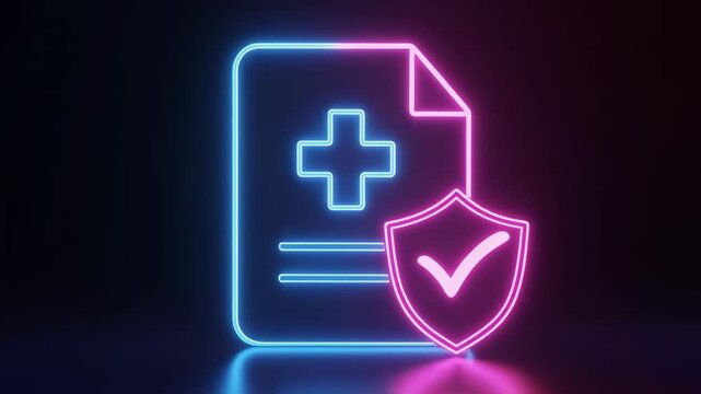 Neon-style glowing medical document with cross symbol and shield checkmark, symbolizing healthcare security and verified medical information.