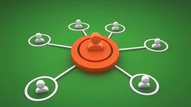 Central red hub with connected white nodes on green background, symbolizing organizational structure and communication network.