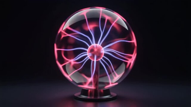 Plasma globe with colorful pink and purple filaments radiating from central electrode, symbolizing electrical phenomena and plasma behavior.