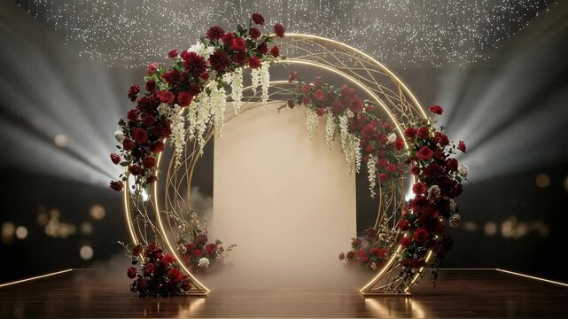 shadi stage decoration - A beautifully arranged floral arch made of gold rings, adorned with deep red roses and cascading white blooms, set against a softly lit, elegant backdrop