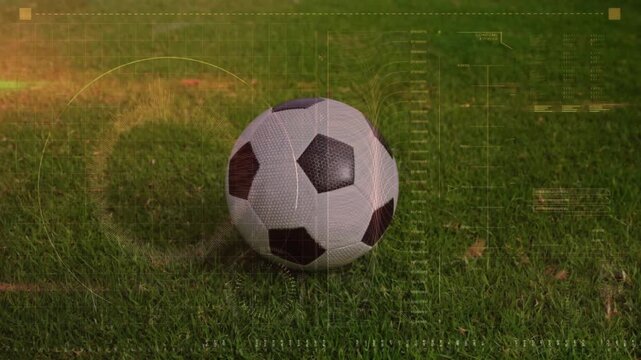 Kick starting soccer ball rolling across green grass, digital overlay showing motion for designers