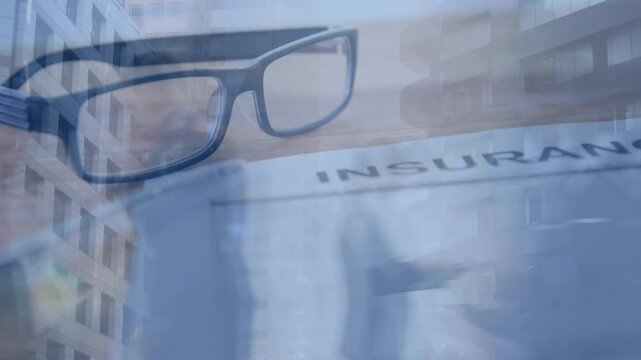 Glasses anchoring left, parallax motion revealing insurance sign and guiding walkers for marketing