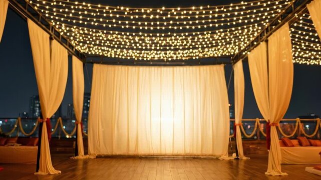 shadi stage decoration - A beautifully decorated outdoor venue at night, featuring draped fabric, twinkling fairy lights, and cozy seating, creating a romantic and elegant atmosphere