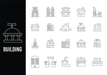 Obraz premium Minimalist grid of 20 building line icons featuring diverse architectural structures from residential homes and castles to modern skyscrapers and industrial plants.